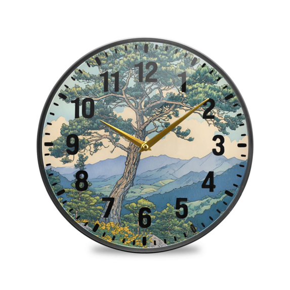 Yayeee Wall Clock Battery Operated 9.5" Silent Quartz Non-Ticking for Living Room Decor, Beige Mountain