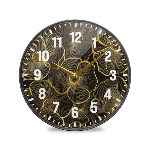 Yayeee Wall Clock Battery Operated 9.5" Silent Quartz Non-Ticking for Living Room Decor, Black Flower Pattern