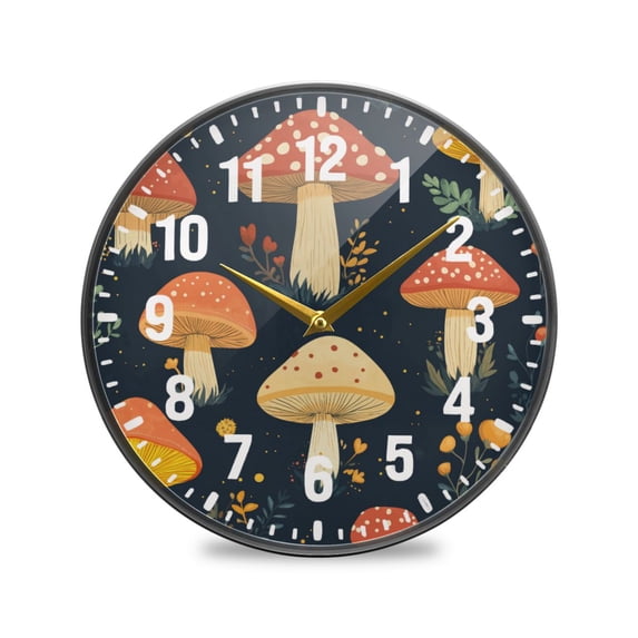 Yayeee Wall Clock Battery Operated 9.5" Silent Quartz Non-Ticking for Living Room Decor, Black MushRoom Decor Pattern