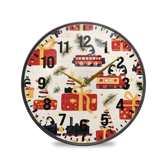 Yayeee Wall Clock Battery Operated 9.5" Silent Quartz Non-Ticking for Living Room Decor, Christmas Box Train