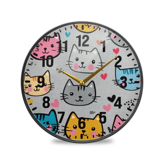Yayeee Wall Clock Battery Operated 9.5" Silent Non-Ticking for Living Room, Cute Cat Pattern