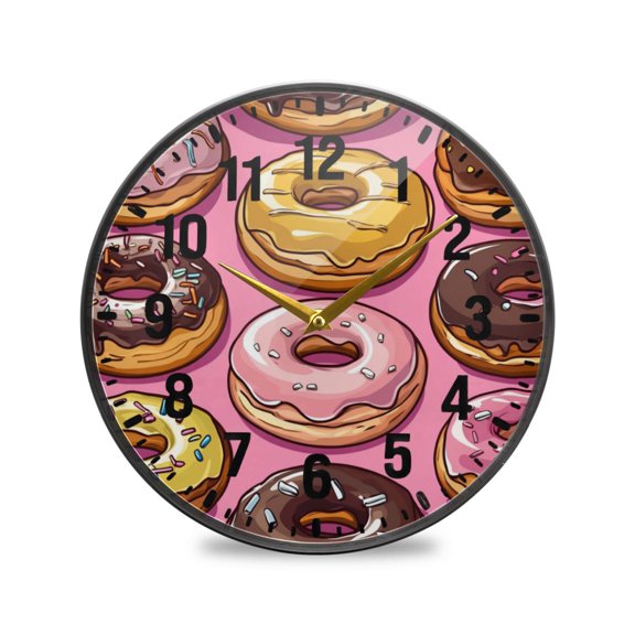 Yayeee Wall Clock Battery Operated 9.5" Silent Quartz Non-Ticking for Living Room Decor, Cute Doughnuts Pattern