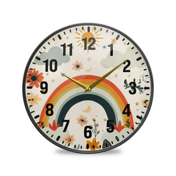 Yayeee Wall Clock Battery Operated 9.5" Silent Non-Ticking for Living Room, Cute Rainbow