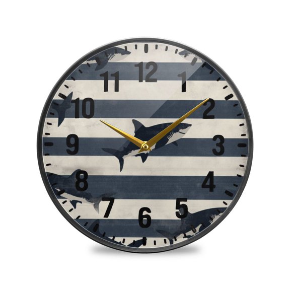 Yayeee Wall Clock Battery Operated 9.5" Silent Non-Ticking for Living Room, Dark Sharks