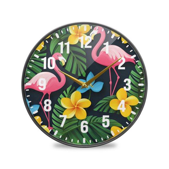 Yayeee Wall Clock Battery Operated 9.5" Silent Quartz Non-Ticking for Living Room Decor, Flamingo Floral Pattern