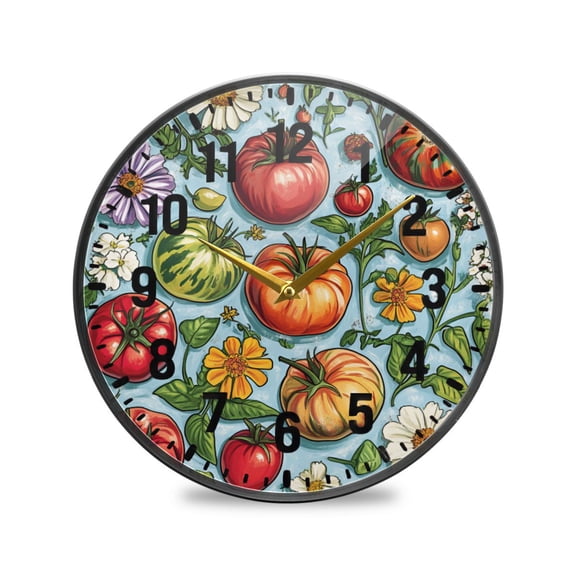 Yayeee Wall Clock Battery Operated 9.5" Silent Quartz Non-Ticking for Living Room Decor, Floral Tomatoes