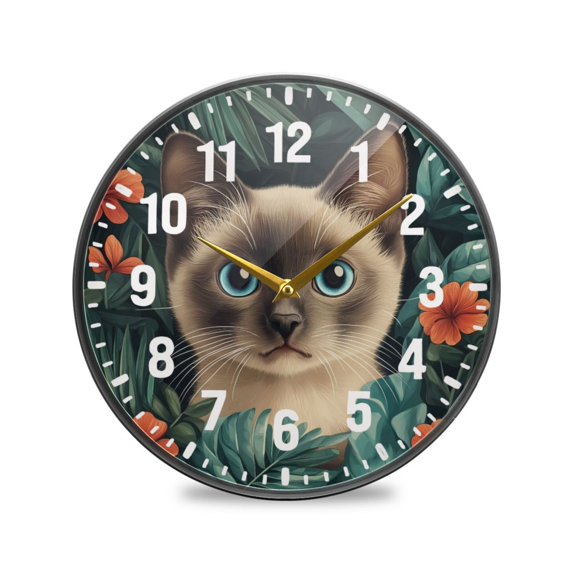 Yayeee Wall Clock Battery Operated 9.5" Silent Quartz Non-Ticking for Living Room Decor, Flowers and Cat