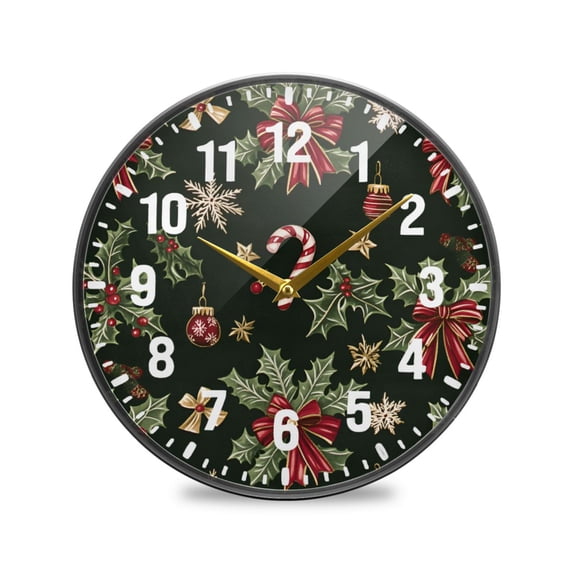 Yayeee Wall Clock Battery Operated 9.5" Silent Quartz Non-Ticking for Living Room Decor, Green Christmas Holly