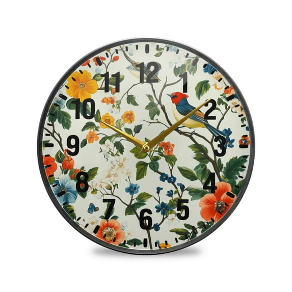 Yayeee Wall Clock Battery Operated 9.5" Silent Non-Ticking for Living Room, Green Floral Pattern