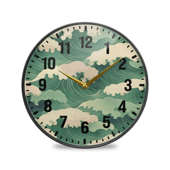 Yayeee Wall Clock Battery Operated 9.5" Silent Quartz Non-Ticking for Living Room Decor, Green Wave Pattern