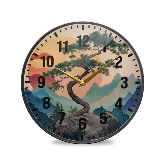 Yayeee Wall Clock Battery Operated 9.5" Silent Quartz Non-Ticking for Living Room Decor, Pine Tree at Dawn