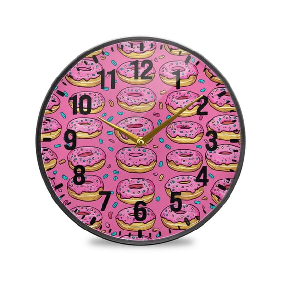 Yayeee Wall Clock Battery Operated 9.5" Silent Quartz Non-Ticking for Living Room Decor, Pink Doughnuts