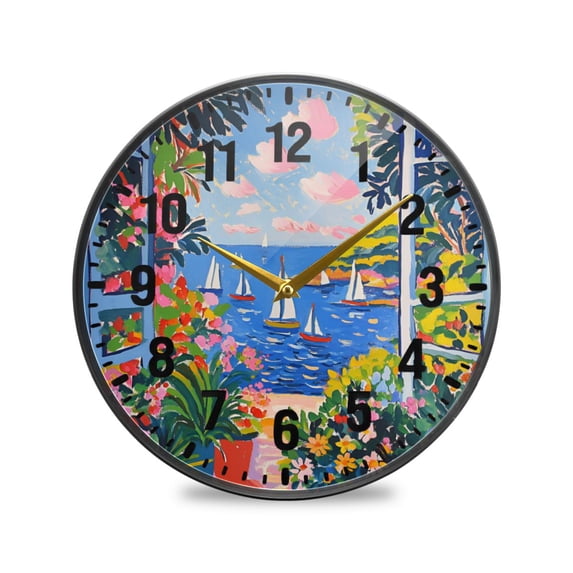 Yayeee Wall Clock Battery Operated 9.5" Silent Quartz Non-Ticking for Living Room Decor, Pink Floral Window