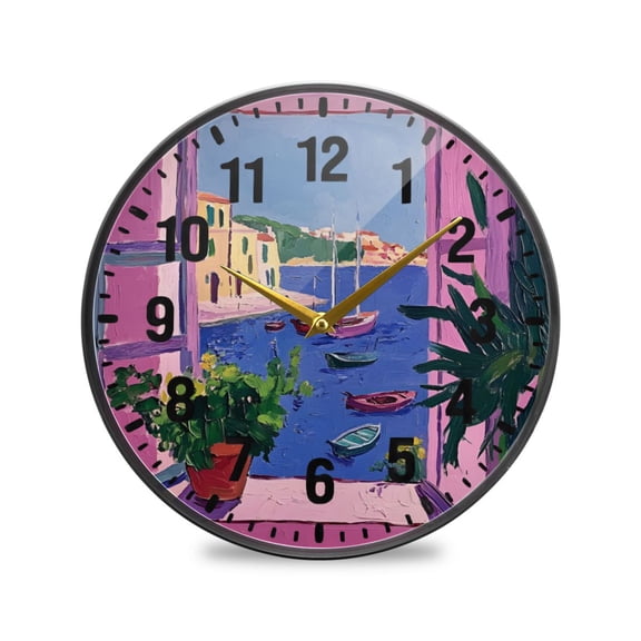 Yayeee Wall Clock Battery Operated 9.5" Silent Quartz Non-Ticking for Living Room Decor, Purple Window Scene
