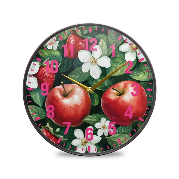 Yayeee Wall Clock Battery Operated 9.5" Silent Quartz Non-Ticking for Living Room Decor, Red Apple Pattern