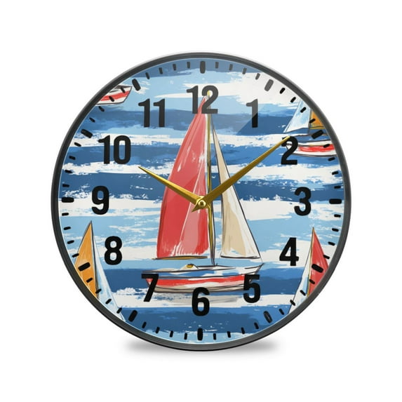 Yayeee Wall Clock Battery Operated 9.5" Silent Non-Ticking for Living Room, Red Sailboats