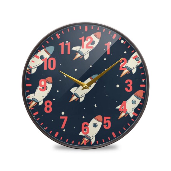 Yayeee Wall Clock Battery Operated 9.5" Silent Quartz Non-Ticking for Living Room Decor, Rocket Pattern