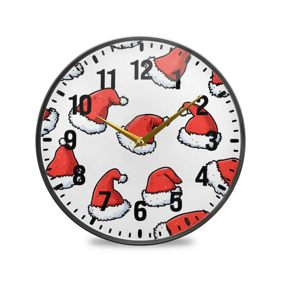 Yayeee Wall Clock Battery Operated 9.5" Silent Quartz Non-Ticking for Living Room Decor, Santa Hats Pattern