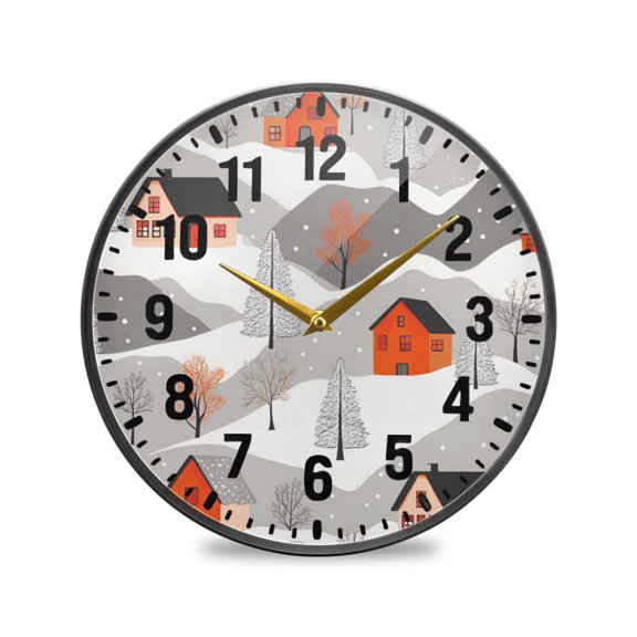 Yayeee Wall Clock Battery Operated 9.5" Silent Non-Ticking for Living Room, Snow Cartoon Houses