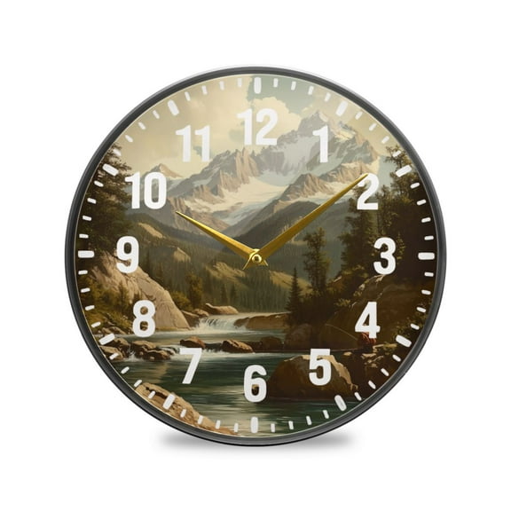 Yayeee Wall Clock Battery Operated 9.5" Silent Non-Ticking for Living Room, Snow Mountains