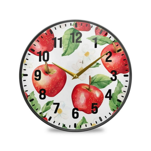 Yayeee Wall Clock Battery Operated 9.5" Silent Quartz Non-Ticking for Living Room Decor, White Apple Pattern