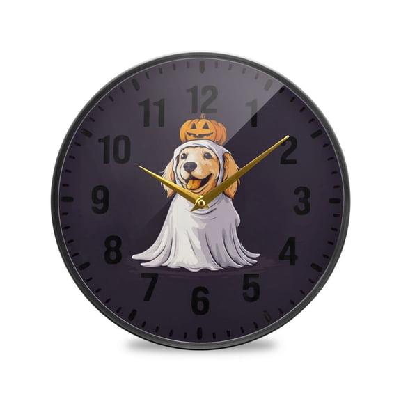 Yayeee Wall Clock Battery Operated 9.5" Silent Quartz Non-Ticking for Living Room Decor, Yellow Halloween Dog