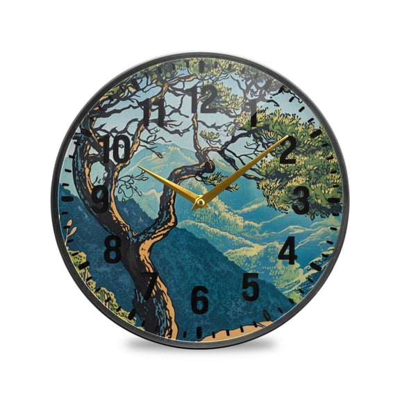 Yayeee Wall Clock Battery Operated 9.5" Silent Quartz Non-Ticking for Living Room Decor, Yellow Tree