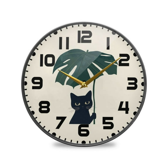 Yayeee Wall Clock for Living Room 11.9 inch Battery Operated Round with Holder, Black Cat Plants