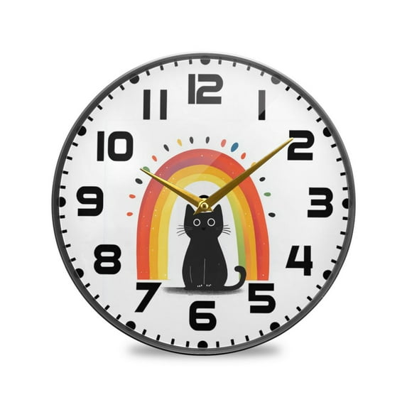 Yayeee Wall Clock for Living Room 11.9 inch Battery Operated Round with Holder, Black Cat Rainbow