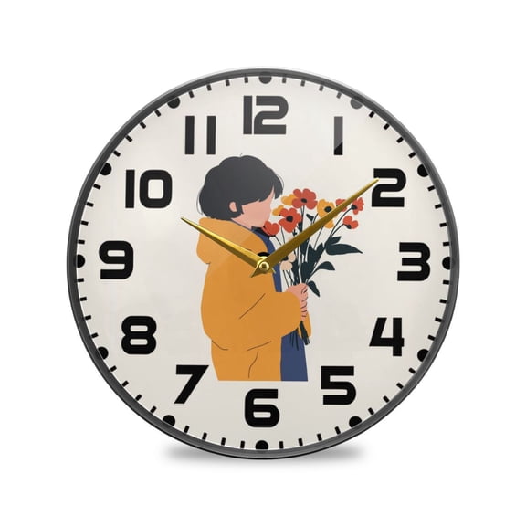 Yayeee Wall Clock for Living Room 11.9 inch Battery Operated Round with Holder, Cartoon Flowers