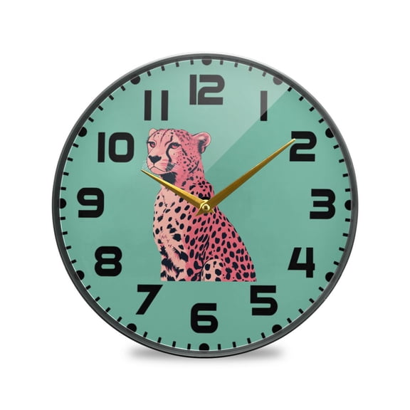Yayeee Wall Clock for Living Room 9.5 inch Battery Operated Round with Holder, Big Pink Cheetah