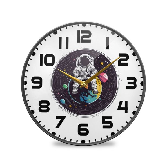 Yayeee Wall Clock for Living Room 9.5 inch Battery Operated Round with Holder, Colorful Astronaut Planet