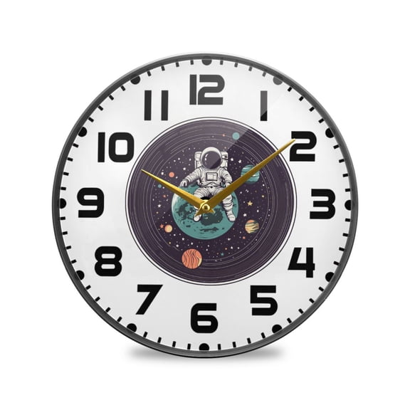 Yayeee Wall Clock for Living Room 9.5 inch Battery Operated Round with Holder, Green Astronaut Stars