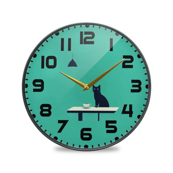 Yayeee Wall Clock for Living Room 9.5 inch Battery Operated Round with Holder, Green Cat