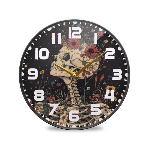 Yayeee Wall Clock for Living Room 9.5 inch Battery Operated Round with Holder, Skeleton with Flowers Pattern