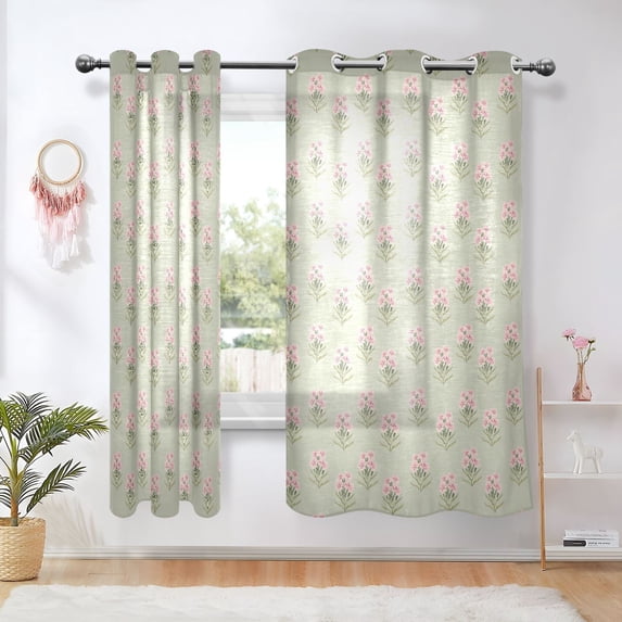 Yayeee Window Curtains Light Filtering 63"x42" Grommet Panel Pair Home Living Room Decor, Green Wildflowers Pattern