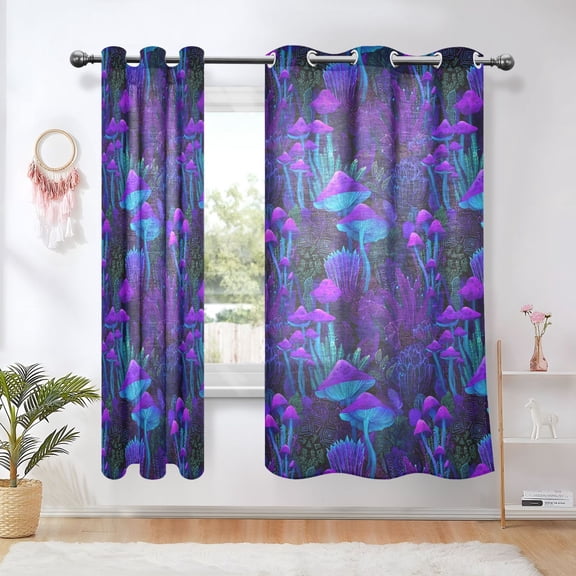 Yayeee Window Curtains Light Filtering 63"x52" Grommet Panel Pair Home Living Room Decor, Dark Mushrooms Pattern