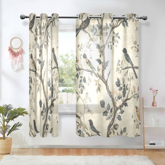 Yayeee Window Curtains Set of 2 for Living Room Light Filtering 63"x42", Beige Birds