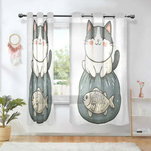 Yayeee Window Curtains Set of 2 for Living Room Light Filtering 63"x42", Beige Cute Cat