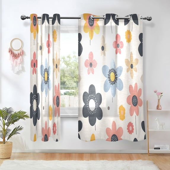 Yayeee Window Curtains Light Filtering 63"x42" Grommet Panel Pair Home Living Room Decor, Beige Retro Flower