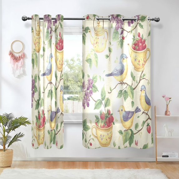 Yayeee Window Curtains Light Filtering 63"x42" Grommet Panel Pair Home Living Room Decor, Birds with Strawberries