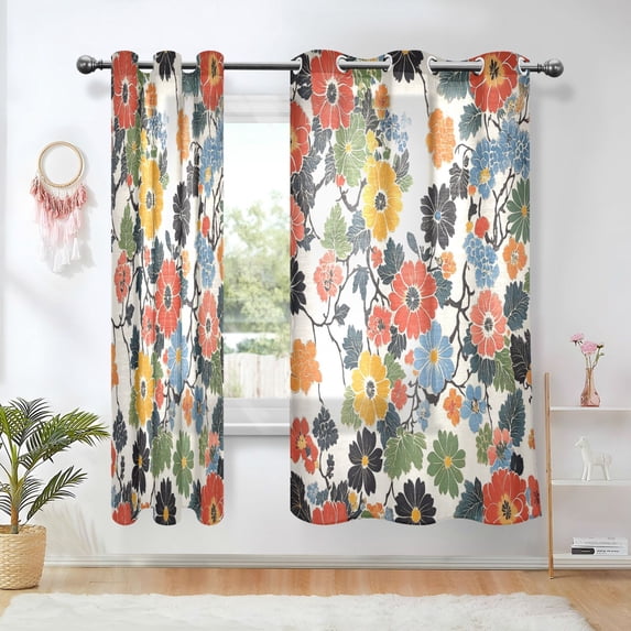 Yayeee Window Curtains Light Filtering 63"x42" Grommet Panel Pair Home Living Room Decor, Black Flowers Pattern