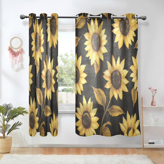 Yayeee Window Curtains Set of 2 for Living Room Light Filtering 63"x42", Black Sunflower Pattern