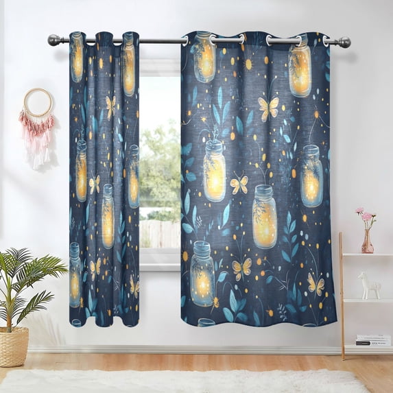 Yayeee Window Curtains Light Filtering 63"x42" Grommet Panel Pair Home Living Room Decor, Blue Fireflies Pattern