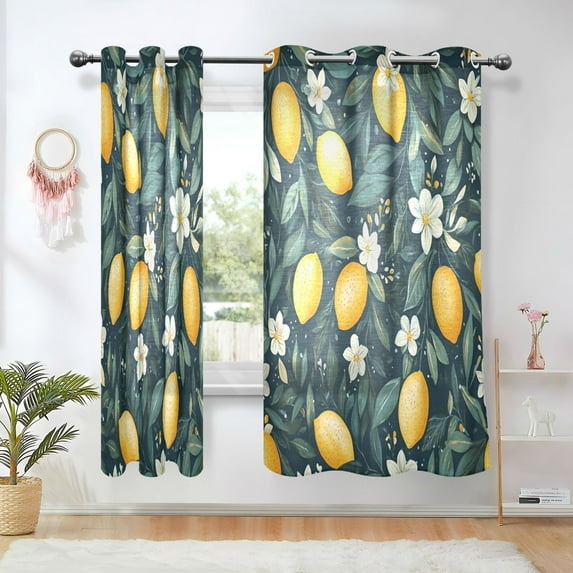 Yayeee Window Curtains Set of 2 for Living Room Light Filtering 63"x42", Blue Floral Lemons