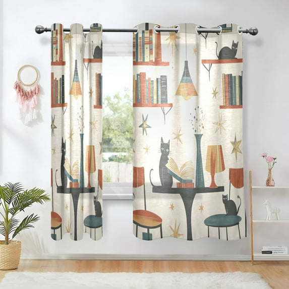 Yayeee Window Curtains Light Filtering 63"x42" Grommet Panel Pair Home Living Room Decor, Cats Reading Pattern
