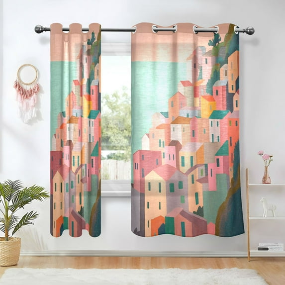 Yayeee Window Curtains Set of 2 for Living Room Light Filtering 63"x42", Cityscape Painting