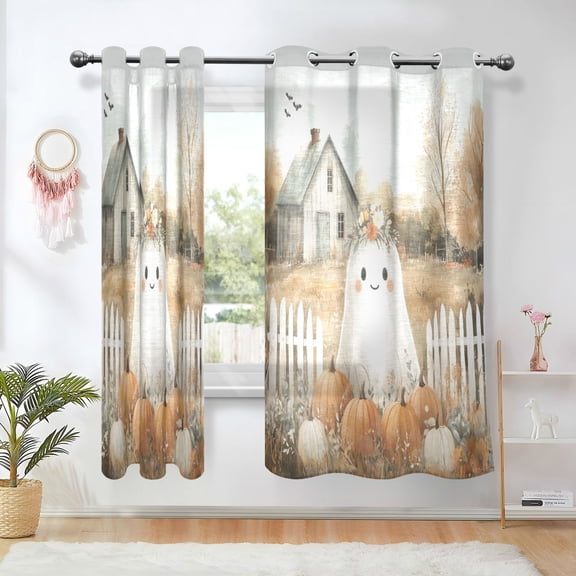 Yayeee Window Curtains Set of 2 for Living Room Light Filtering 63"x42", Cute Halloween Pumpkins