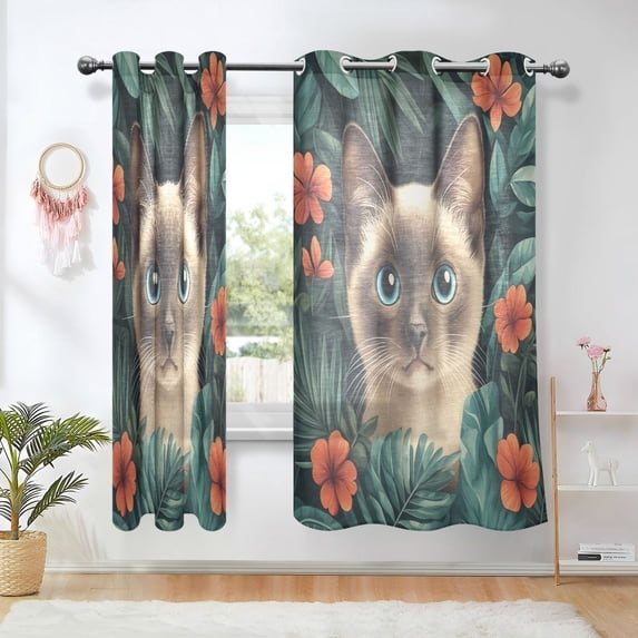 Yayeee Window Curtains Light Filtering 63"x42" Grommet Panel Pair Home Living Room Decor, Flowers and Cat