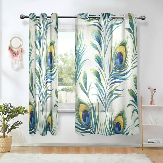 Yayeee Window Curtains Set of 2 for Living Room Light Filtering 63"x42", Peacock Feather